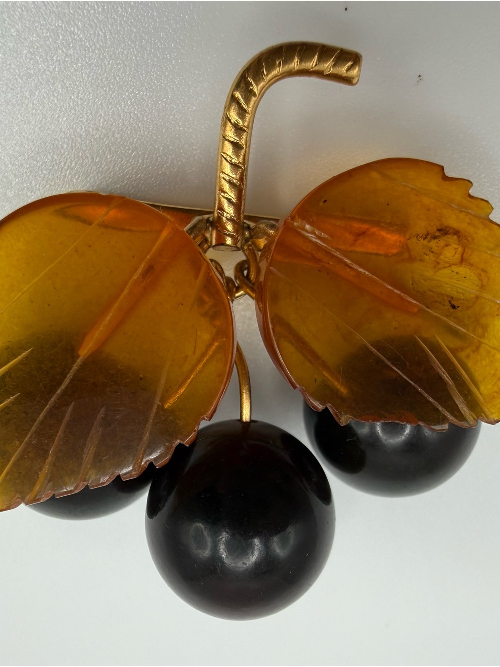 Vintage USSR Kaliningrad Baltic Amber Cherry Brooch Carved Leaves Soviet